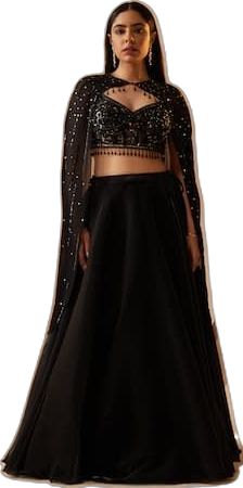 Evening Choli For Eid, Formal Lehenga With Cape Sleeves, Festive Formal Lehenga With Cape Sleeves, Black Lehenga For Formal Parties, Black Party Wear Lehenga For Formal Occasions, Elegant Choli With Sequins And Cape Sleeves, Festive Black Set With Cape Sleeves, Formal Black Choli For Diwali, Black Dresses With Cape Sleeves For Reception