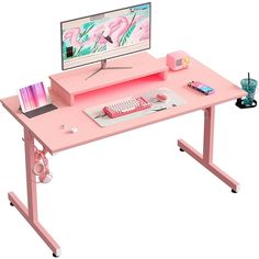 【Monitor Stand with LED Lights】This gaming computer desk has a removable monitor stand that holds up to 15 lbs, adjustable height from 29.5 inches to 33.2 inches, with an RGB LED light strip that has 7 main colors, up to 22 dynamic modes providing more… Small Gaming Desk, Desk Pink, Desk With Monitor Stand, Desk With Monitor, Gaming Computer Desk, Tiny Room, Home Office Furniture Desk, Led Light Strip, Monitor Stand