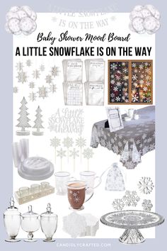 a snowflake is on the way for baby shower decorations and tablecloths