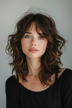 Soft Layers Medium Hair Curly, Wispy Fringe Bangs Curly Hair, Long Curly With Bangs, Curly Lob Bangs, Curly Lob Haircut With Bangs, Curtain Bangs With Curls, Curly Lob Hairstyles, Shoulder Length Wavy Hair With Bangs