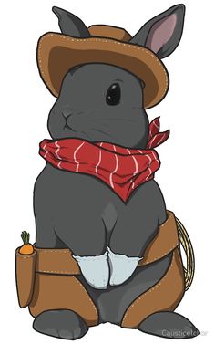 a cartoon rabbit wearing a cowboy hat, scarf and boots with carrots in his lap