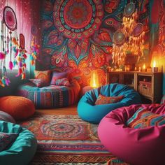 this room is decorated in bright colors and has colorful pillows on the floor, with candles lit