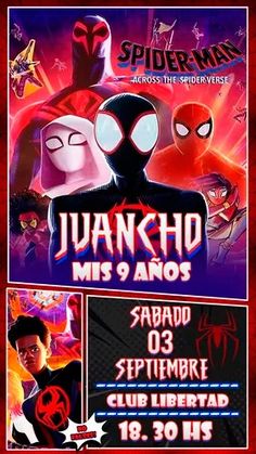 the spider - man movie poster is shown in red and purple colors, with an image of