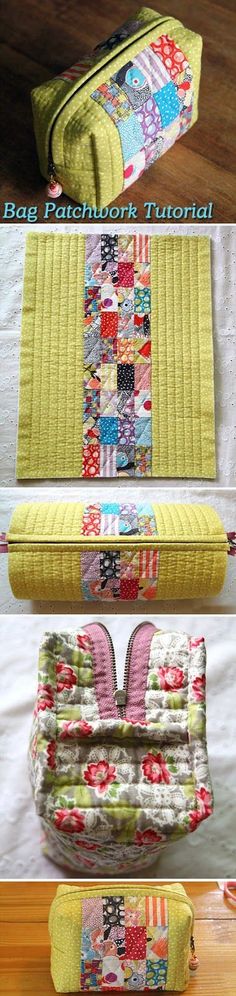 four different types of quilted purses sitting on top of each other in various positions