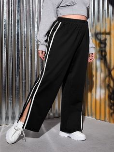 Negro  Collar  Tela A rayas Pierna recta Embellished Elástico Alto  Bottoms de talla grande Sweatpants, Collar, Pants, Tracksuit Bottoms, Trousers