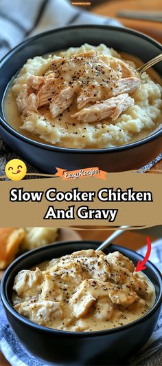 slow cooker chicken and gravy in a black bowl with the words slow cooker chicken and gravy