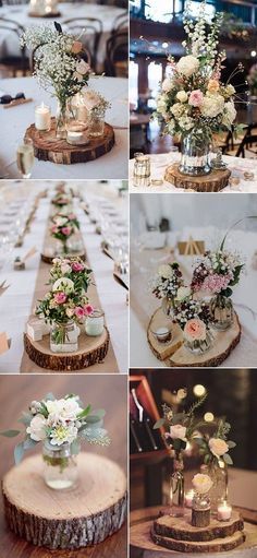 there are many different pictures of flowers in vases on the table and around the tables