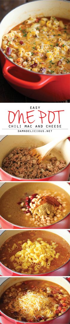 easy one pot chili macaroni and cheese soup in a red casserole dish