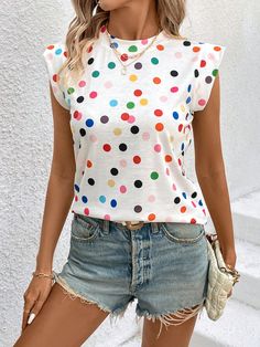 White Casual Collar Cap Sleeve Knitted Fabric Polka Dot  Embellished Slight Stretch  Women Clothing Casual Cap, Casual T Shirt, Women T Shirts, Polka Dot Print, Sleeves (women), Dot Print, Dress And Heels, White Casual, Kids Beachwear