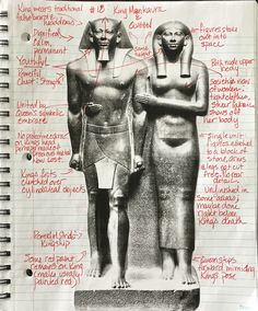 an open notebook with some writing on it and pictures of two egyptian statues next to each other