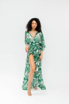 Swimsuit Coverup for Tall Women.  This floor-length coverup with kimono sleeves has just the right amount of coverage when wearing a swimsuit, but also gives you shape and sex-appeal with a wrap waist and high leg slit. Made in a sheer, silky chiffon material, with tassels attached at the end of the waist ties, in a bold Palm Print or dreamy Galaxy Print. Wear it over your swimsuit for a luxe resort vibe, or tie it back over shorts and a tank top as a bold duster!  THIS ITEM SHIPS AUGUST 2021. Coverup Outfit, Coverup Dress, Galaxy Print, Chiffon Material, Clothing Line, Kimono Sleeve, Tall Women, Cover Up Dress, Dress Clothes For Women