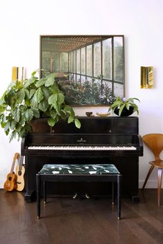 a black piano sitting in front of a window next to a potted plant on top of a wooden table