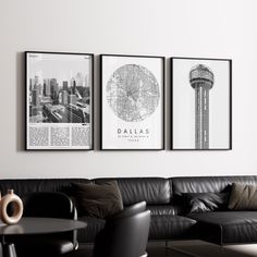 three black and white photographs hang on the wall above a couch in a living room