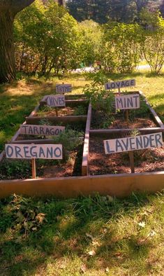 there are many signs on the raised garden bed