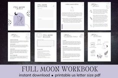 the full moon workbook is shown in black and white, with illustrations on it