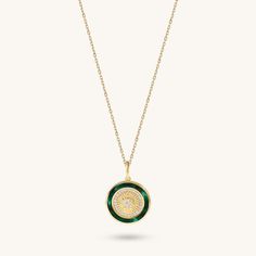 14K Solid Yellow Gold Sunburst Coin Necklace - Green Enamel Luxury Green Round Pendant Necklace, Green Coin Pendant Medallion Jewelry, Green Necklace With Coin Pendant, Green Engraved Medallion Necklaces, Green Engraved Medallion Necklace, Luxury Green Medallion Necklace, Engraved Green Medallion Necklace, Sun Motif, Evil Eye Ring