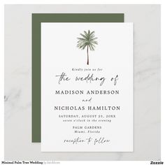 the palm tree wedding program card is shown in green and white, with an olive green border