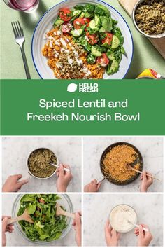 the recipe for spiced lentil and fresh nourish bowl is shown here