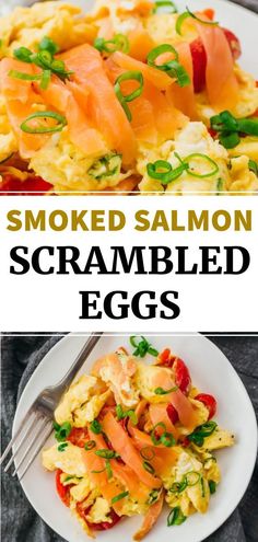 smoked salmon scrambled eggs with roasted peppers on a white plate, and the title reads smoked salmon scrambled eggs with roasted peppers