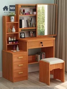 a wooden desk with a mirror, stool and shelf on it in front of a window