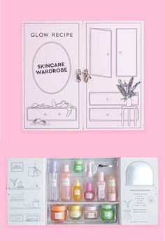 an open box containing skin care products on a pink background with the text glow recipe