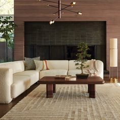 a living room with a couch, coffee table and plant in the middle of it