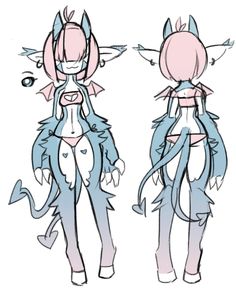 two drawings of an anime character with long hair and horns, one in blue and the other in pink