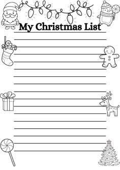 a christmas list with santa claus and reindeers on the top, in black and white