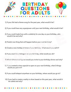 birthday question for adults with balloons and confetti