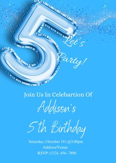 a blue birthday party card with the number five