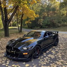 a black sports car parked on the side of a road in front of some trees