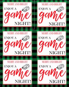 four red and black christmas tags with the words game night, merry and bright on them