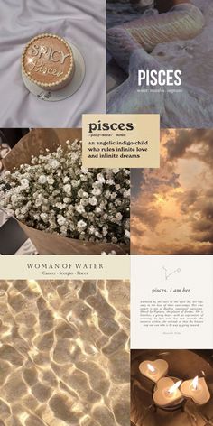 the cover of pisces magazine with pictures of flowers and candles