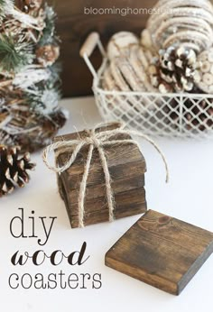 diy wood coasters with pine cones in the background