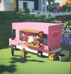 a pink food truck parked in front of a house