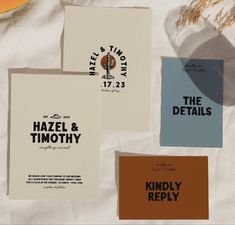 three pieces of paper with the words hazel and timothy on them next to some dried plants