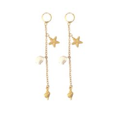 Drop earrings with a mixture of pearls and gold, beach-themed charms. This earring can transition from the beach to the party. Composition Featuring 14k gold plated brass star fish and shell charms, and freshwater coin pearl 14k Gold Plated Brass Huggie Earrings Post fastening for pierced ears Style With Your favorite summer dress, or pair them with a bikini. Consciously Crafted In an effort to decrease our carbon footprint, we have teamed up with Terrapass to calculate our supply chain’s carbon Gold Beach, Ear Style, Star Fish, Coin Pearls, Huggie Earrings, Beach Themed, Carbon Footprint, Supply Chain, Renewable Energy