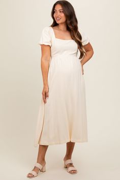 Ivory Puff Sleeve Linen Maternity Midi Dress White Midi Maternity Dress, Feminine Cream Midi Dress With Square Neck, Feminine Cream Square Neck Midi Dress, White Fitted Maternity Midi Dress, Casual White Maternity Midi Dress, White Fitted Midi Dress For Maternity, Cream Flowy Empire Waist Dress, White Feminine Empire Waist Midi Dress, White Puff Sleeve Empire Waist Dress For Spring