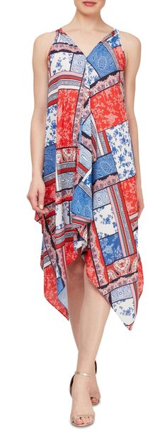 A patchwork effect of rustic bandana patterns and fresh floral prints swirls into this flounce-front shift with a handkerchief hemline from SL Fashions Handkerchief Hem Dress, Handkerchief Hem, Bandana Print, Hem Dress, Dress Red, Red Dress, Floral Prints, Floral, Red