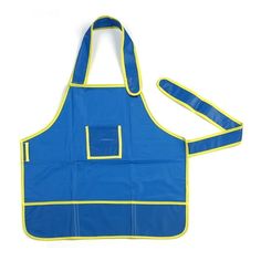 a blue apron with yellow trim on it