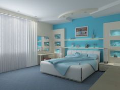 a bedroom with blue walls and white furniture in it's center, including a large bed