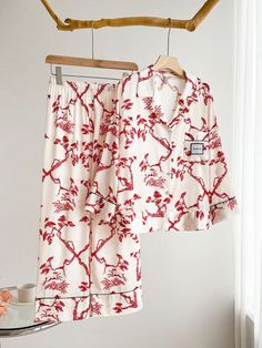 Red and White Elegant Collar   Animal,Graphic,Letter,Tie Dye,Plants,All Over Print Pant Sets Embellished Non-Stretch Fall,Spring,Spring/Fall,All Women Sleep & Lounge Dye Plants, Pj Day, Print Pant, Animal Graphic, Pant Sets, Silk Pajamas, Pajama Sets, Ink Painting, Mandarin Collar