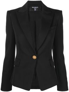 buttoned tailored blazer from Balmain featuring black, wool, peak lapels, front button fastening, long sleeves and two side flap pockets. | Balmain Buttoned Tailored Blazer Balmain Designer, Blazers Men, Balmain Clothing, Balmain Blazer, Black Wool Blazer, Tailored Blazer, Black Blazers, Wool Blazer, Black Wool