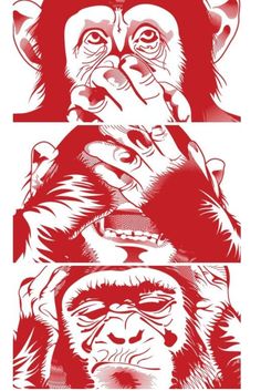 three red and white images of monkeys with different facial expressions on their faces, including the monkey's head