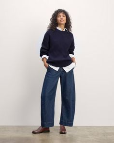 The Cocoon Crew in Everyday Cotton Navy – Everlane Cotton Sweater With Ribbing For Fall, Cotton Ribbed Sweater For Fall, Fall Cotton Sweater With Ribbing, Cotton Fall Sweater With Ribbing, Relaxed Fit Ribbed Sweater For Work, Cocoon Sweater, Varsity Jacket, Sweaters & Cardigans, Bomber Jacket