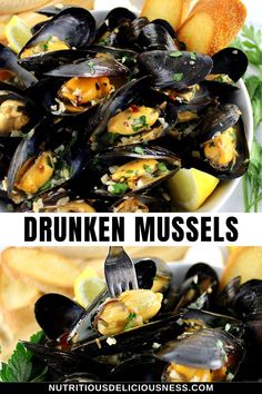 mussels in a white bowl with lemon wedges and bread on the side