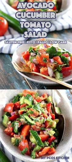 avocado cucumber tomato salad with cilantro, red onion and lettuce