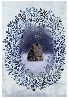 an illustration of a house in the snow surrounded by leaves and branches with a heart above it