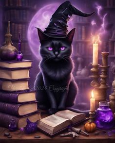 a black cat wearing a witches hat sitting on top of a table next to books