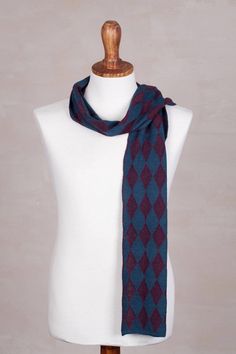 Sophisticated diamond patterns of teal and cherry decorate the body of this men's wrap scarf from the Andean highlands. Peruvian artisan Alfredo Falcon designs the scarf diligently crocheting it by hand with a soft alpaca wool blend. Alpaca Scarf, Wrap Scarf, Casual Sporty, Single Mothers, Alpaca Wool, Alfredo, Diamond Pattern, Scarf Wrap, Alpaca